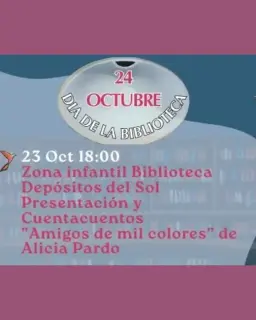 Cartel de Cuentacuentos ”Amigos de mil colores” con Alicia Pardo en Biblioteca Municipal Depósitos del Sol, Calle Marzo, 50