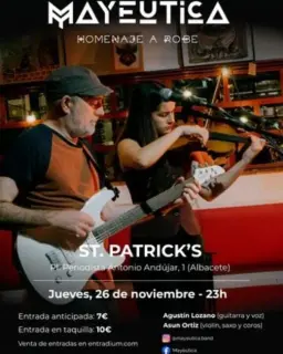 Cartel de Mayéutica — Homenaje a Robe en St. Patrick’s, plaza Periodista Antonio Andújar, 1, Albacete.