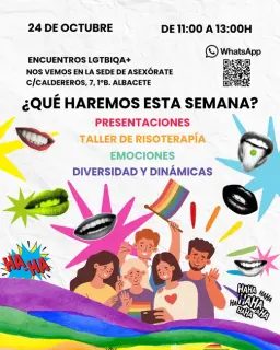 Cartel de Encuentros Lgtbiqa+ de Asexórate: risoterapia, emociones y diversidad en Sede de Asexórate