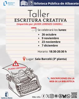 Cartel de Taller de escritura creativa (sesión 1) en Sala Barceló (3.ª planta), BPE Albacete