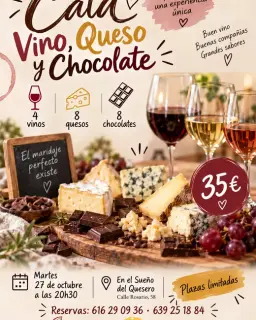 Cartel de Cata de vino, queso y chocolate en El Sueño del Quesero en El Sueño del Quesero