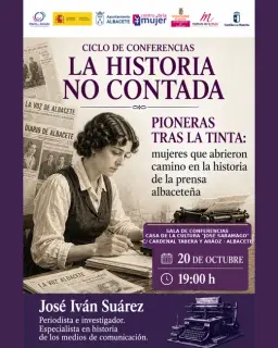 Cartel de Pioneras tras la tinta en Sala de conferencias de la Casa de la Cultura José Saramago