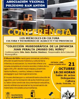 Cartel de Los miércoles en Cultura: conferencia sobre la Colección Museográfica de la Infancia Juan Peralta (Museo del Niño) en Delegación Provincial de Educación, Cultura y Deportes (salón de actos JCCM)