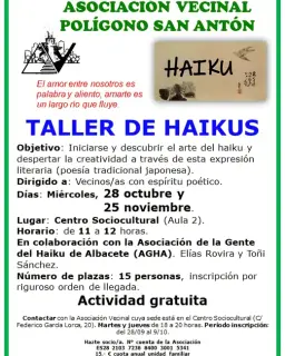 Cartel de Taller de haikus en el Polígono San Antón (1.ª sesión) en Centro Sociocultural Polígono San Antón