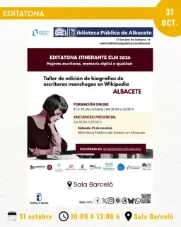 Cartel de Editatona itinerante CLM 2026: biografías de escritoras manchegas en Wikipedia en Biblioteca Publica del Estado