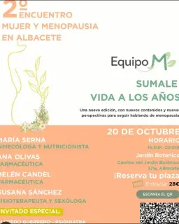 Cartel de 2º Encuentro Mujer y Menopausia en Albacete: «Súmale vida a los años» en Jardín Botánico de Castilla-La Mancha, Albacete.