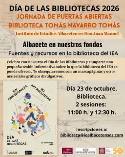 Cartel de Día de las Bibliotecas: puertas abiertas en la Biblioteca del IEA (sesión de las 11:00) en Chalet Fontecha