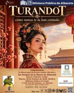 Cartel de Conferencia sobre la ópera Turandot en Salón de actos de la Biblioteca (BPE Albacete)