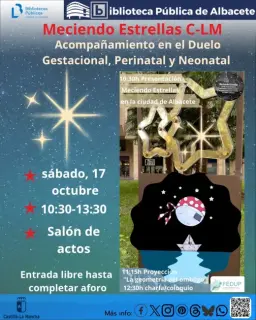 Cartel de Presentación de Meciendo Estrellas con proyección de 'La geometría del ombligo' en Salón de actos, Albacete