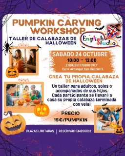 Cartel de Taller de calabazas de Halloween en English Studio City, Albacete