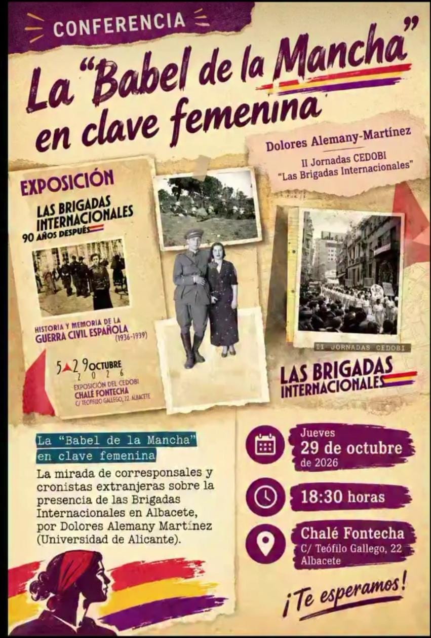 Cartel de Conferencia «La Babel de la Mancha en clave femenina», con Dolores Alemany Martínez