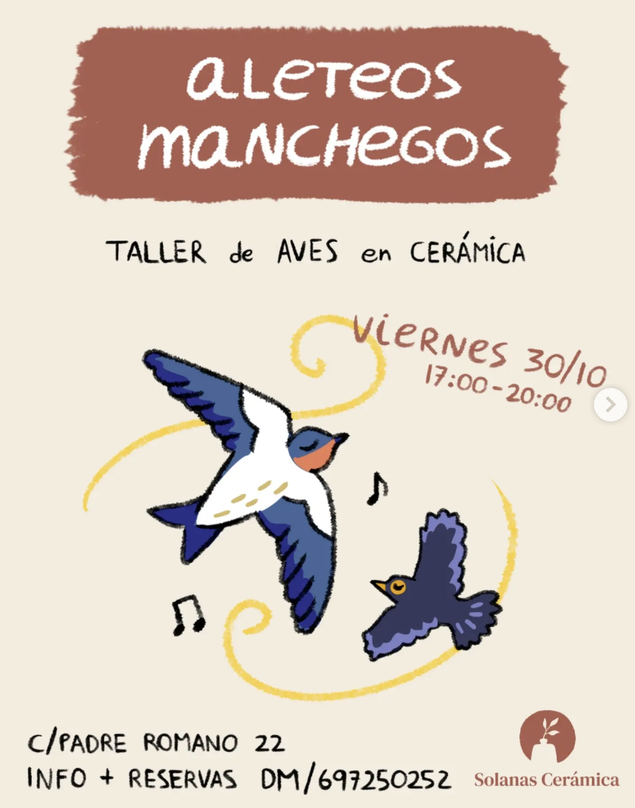 Cartel de «Aleteos manchegos»: taller de aves en cerámica en Solanas Cerámica