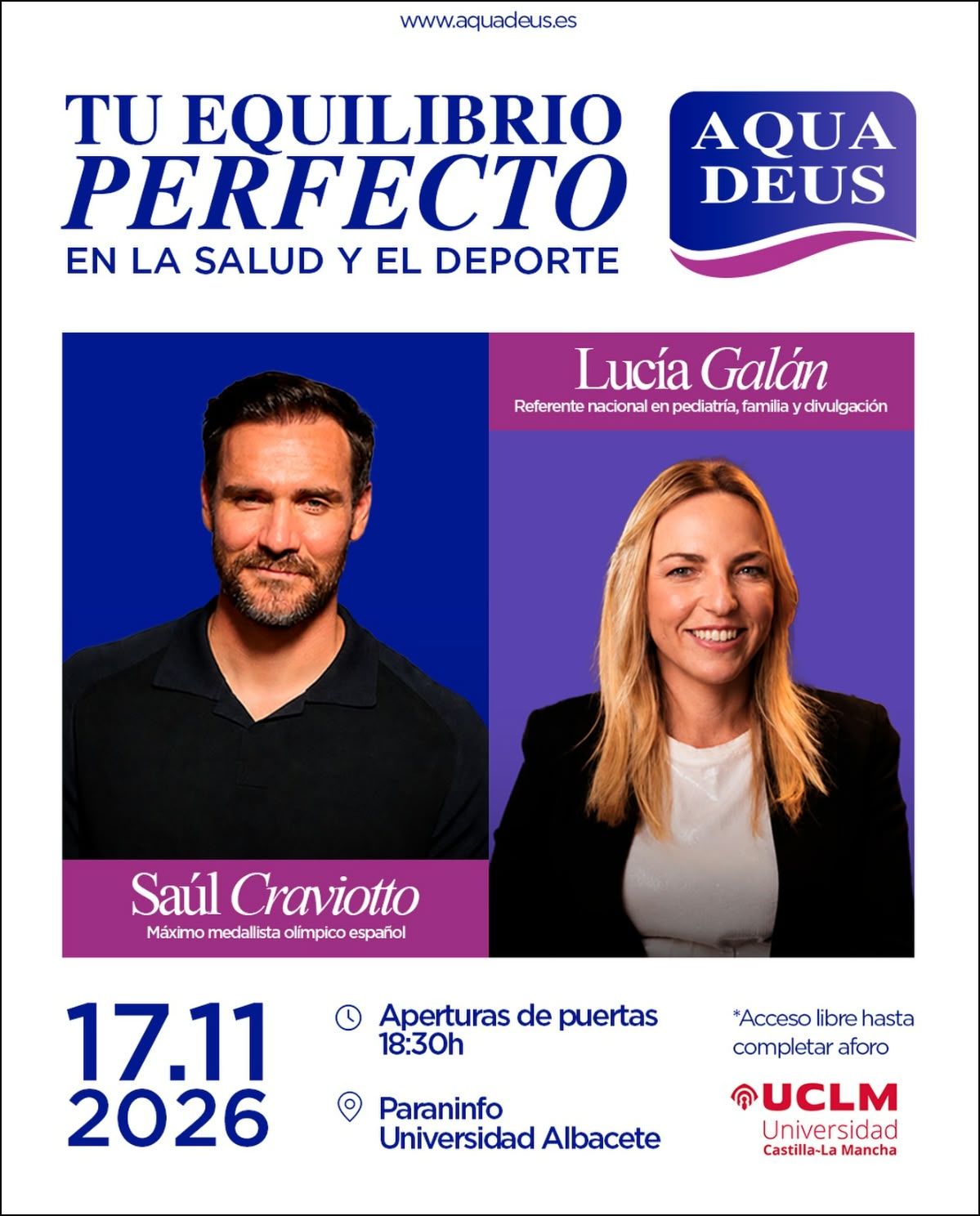 Cartel de «Tu equilibrio perfecto en la salud y el deporte», con Saúl Craviotto y Lucía Galán, en el Paraninfo de la UCLM