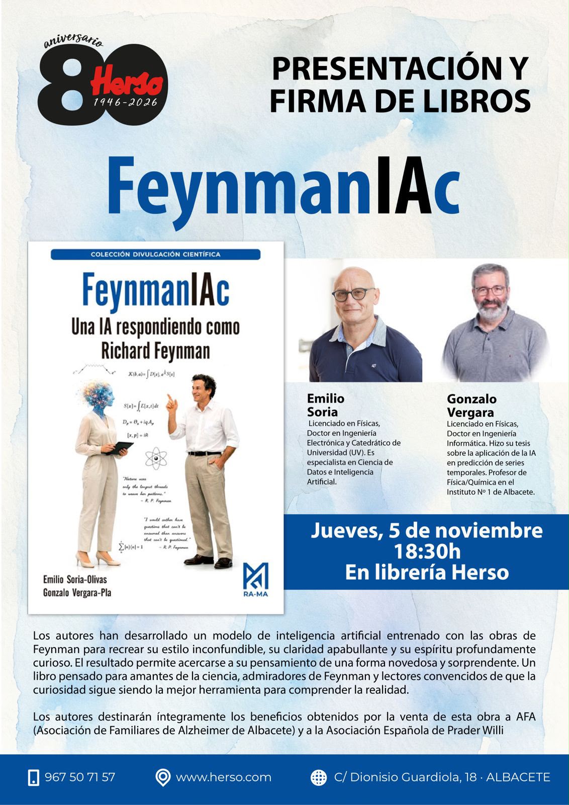 Cartel de Presentación y firma de «FeynmanIAc. Una IA respondiendo como Richard Feynman», de Emilio Soria y Gonzalo Vergara